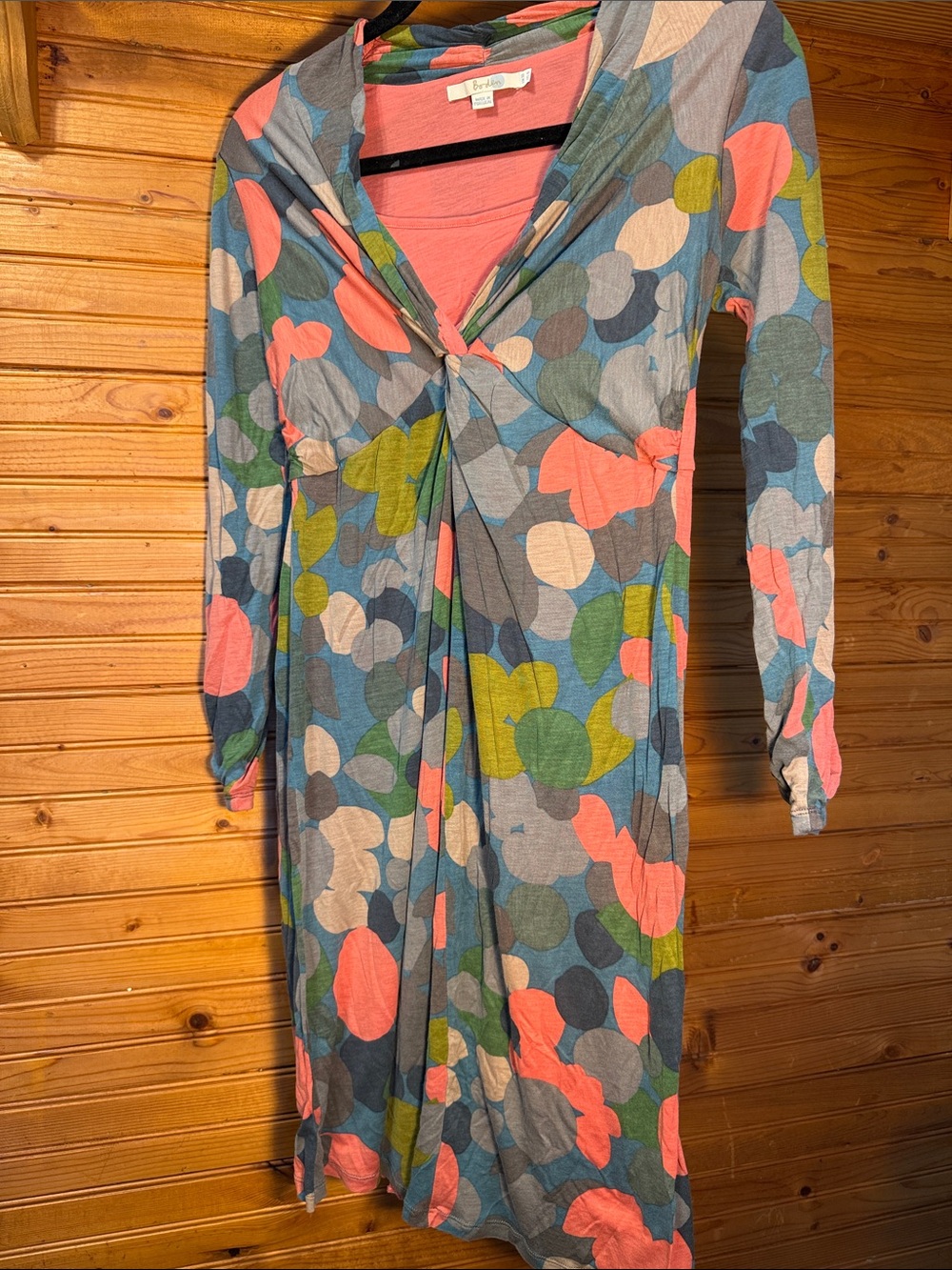 Boden Multicolor Long-Sleeve Twist-Front Midi Dress — Coral, Green, Blue, Gray